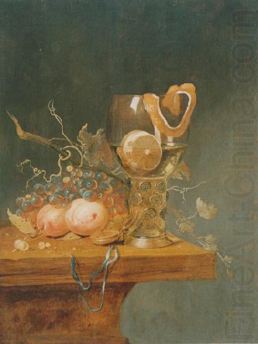 Stilleben mit verschiedenen Fruchten, einem groben Romerglas und einer Uhr auf einer Tischkante, unknow artist